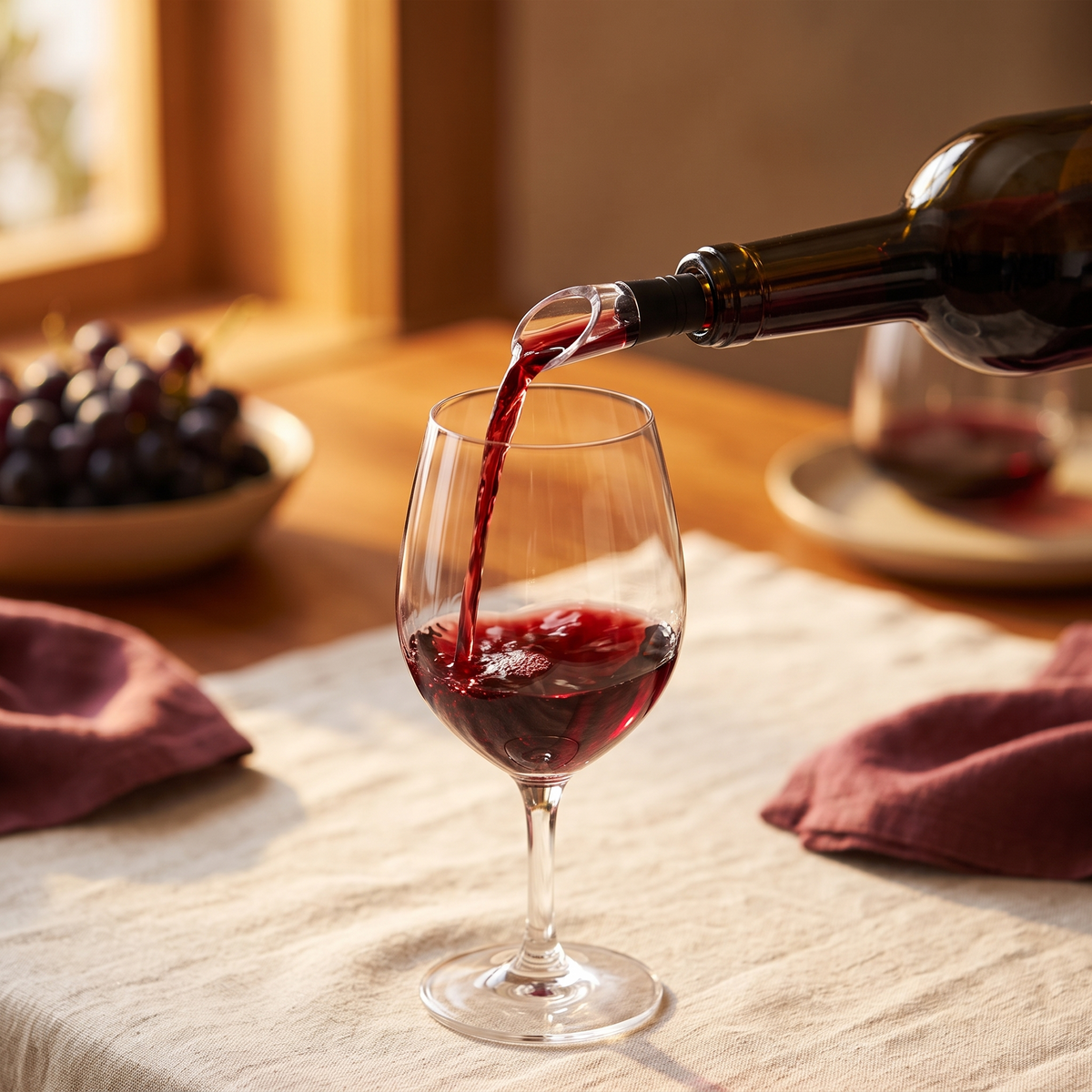 Vin rouge servi à table avec le rafraîchisseur LoVino dans la bouteille